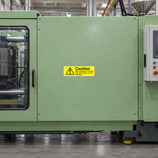 Yellow caution sticker on green industrial machine panel