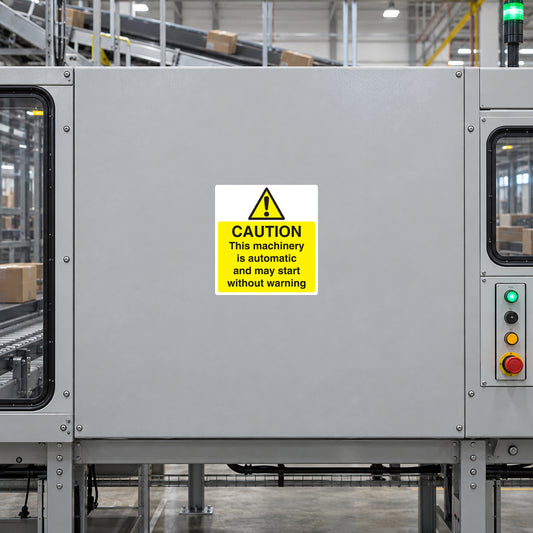 Caution machinery sticker with yellow triangle and warning text on industrial panel