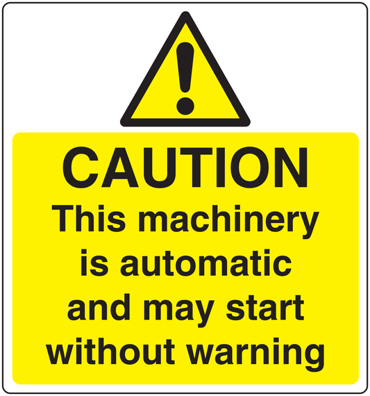 Caution machinery sticker with yellow warning triangle and bold black caution text