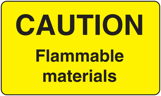 Yellow caution sticker with black CAUTION and Flammable materials text