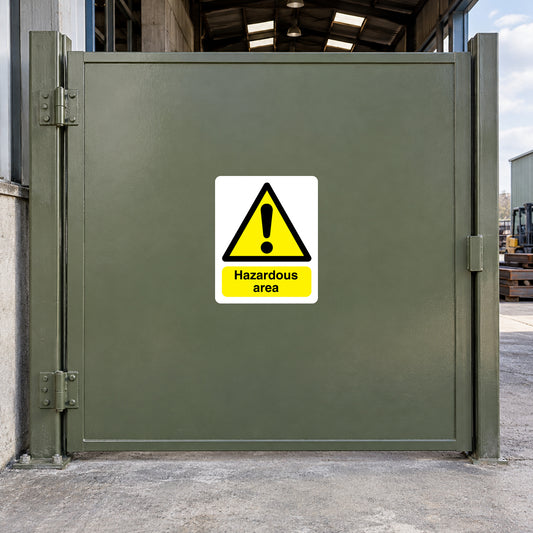 Hazardous area warning sticker with yellow triangle and exclamation, text Hazardous area