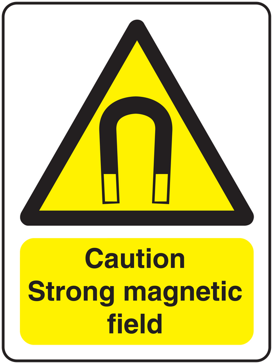 Caution strong magnetic field sticker with yellow triangle and warning text