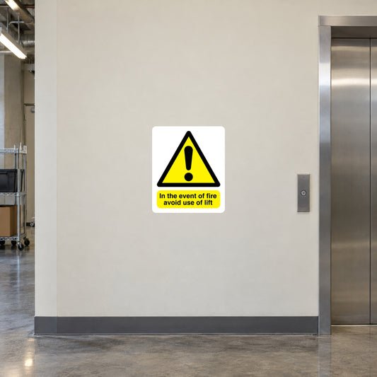 Fire warning sticker with yellow caution icon and text: avoid use of lift