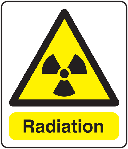 Radiation warning sticker with black trefoil symbol and “Radiation” text on yellow
