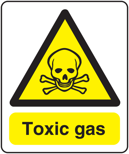 Toxic gas caution sticker with yellow triangle, skull and crossbones, and “Toxic gas” text