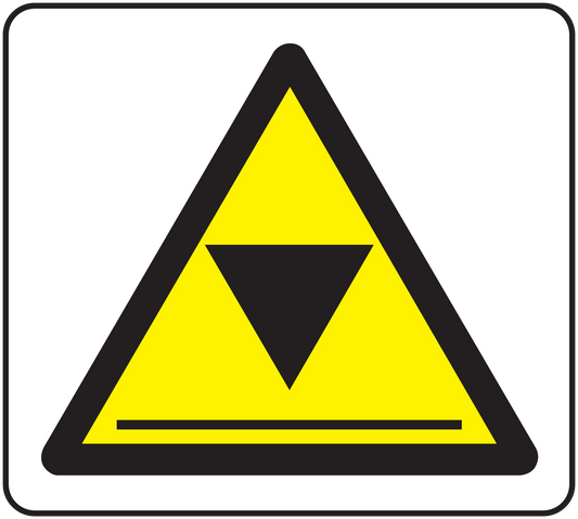 Yellow caution triangle sticker with black border and warning symbol