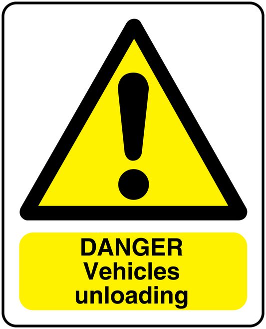 Danger Vehicles unloading warning sticker with yellow triangle and exclamation symbol