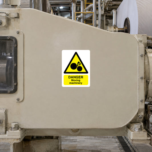 Safety hazard warning sticker on machinery: Danger moving machinery with yellow caution symbol
