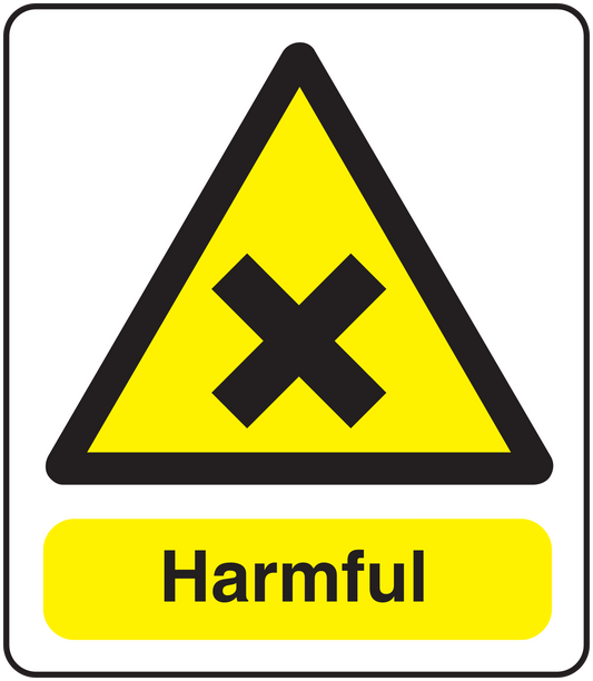 Hazard warning sticker with yellow triangle symbol and “Harmful” text