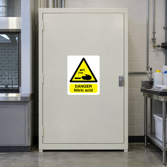 Danger nitric acid warning sticker with yellow hazard triangle and DANGER text