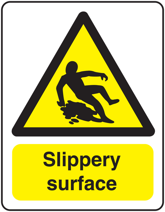 Slippery surface warning sticker with yellow triangle and black walking person icon