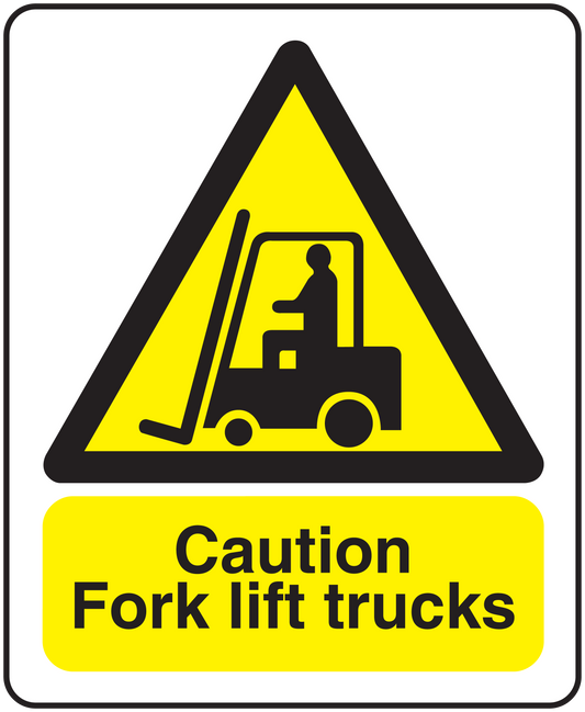 Rectangle caution sticker for fork lift trucks, yellow warning triangle and forklift icon