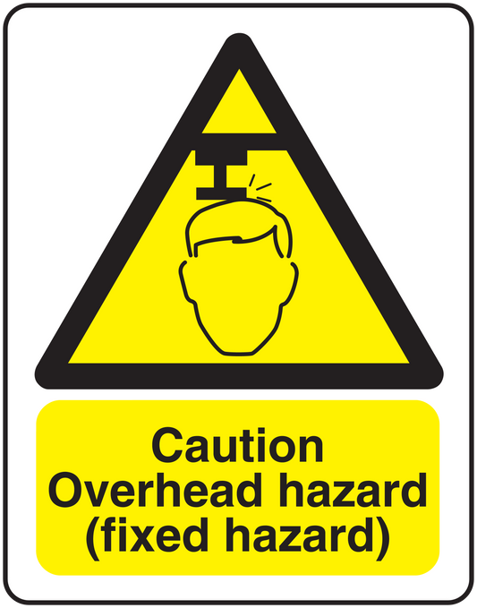 Caution overhead hazard (fixed hazard) sticker with warning triangle and hard-hat icon