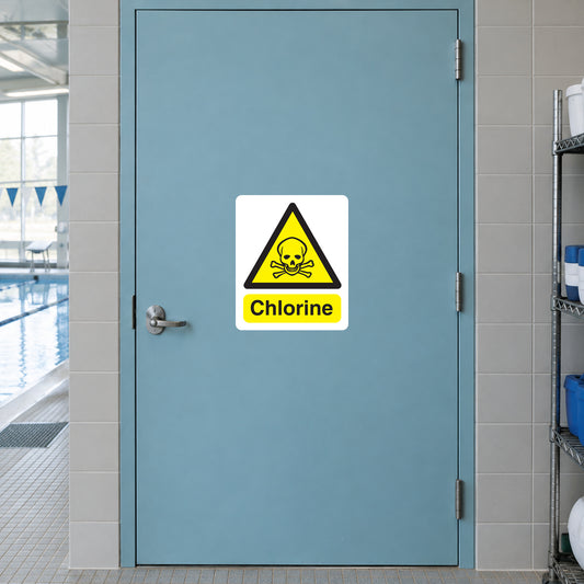 Chlorine caution sticker with yellow hazard triangle and 'Chlorine' label