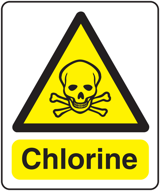 Chlorine caution sticker with skull-and-crossbones warning triangle and 'Chlorine' text