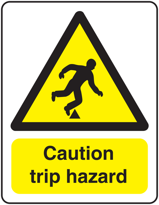 Caution trip hazard sticker with yellow triangle and running person icon, bold black text