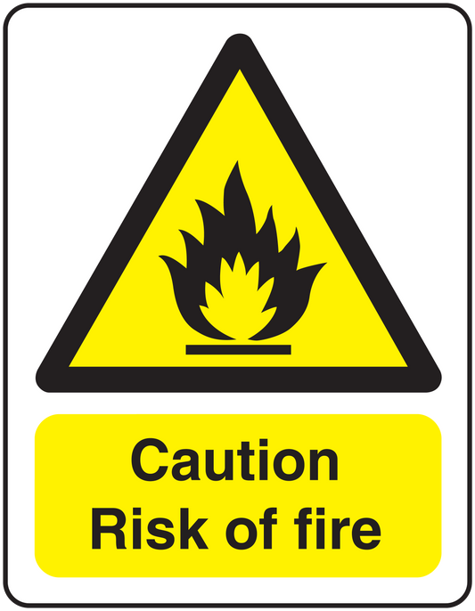 Caution risk of fire sticker with yellow triangle and flame icon, bold warning text