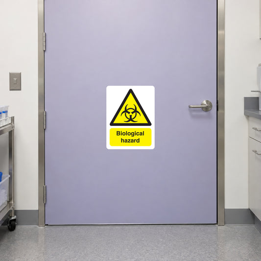 Biological hazard sticker: yellow biohazard triangle with 'Biological hazard' text