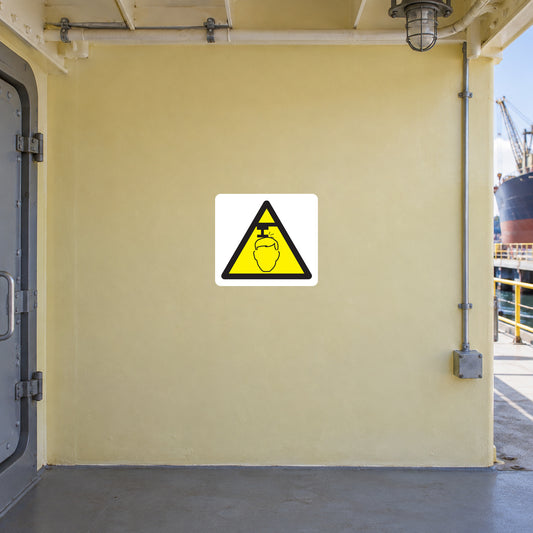 Caution watch your head sticker with yellow triangle and head bump icon