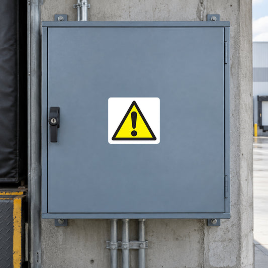 Caution exclamation warning sticker with yellow triangle and black exclamation mark