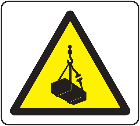 Caution lifting objects warning sticker with yellow triangle and hoist hook icon