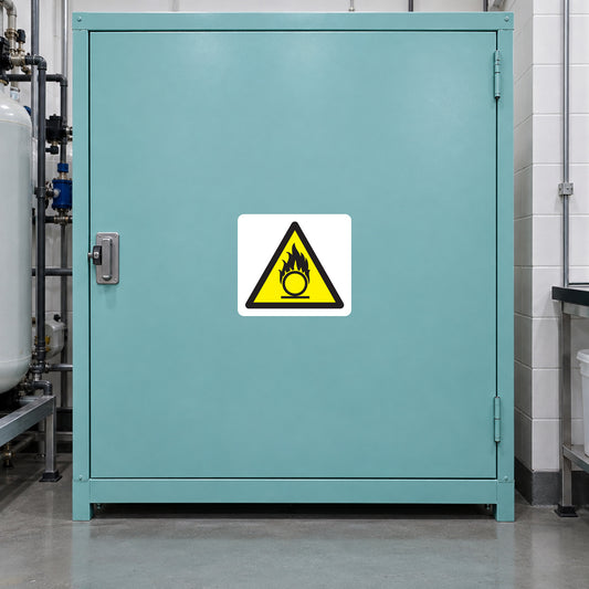 Flammable liquids caution sticker with black-and-yellow flame warning icon