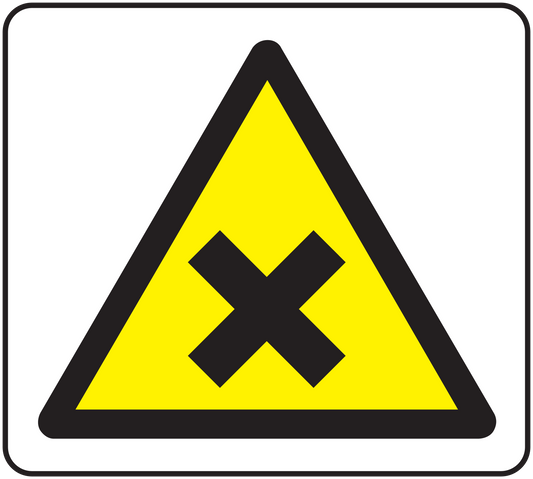 Yellow triangular warning sign sticker with black border and X symbol