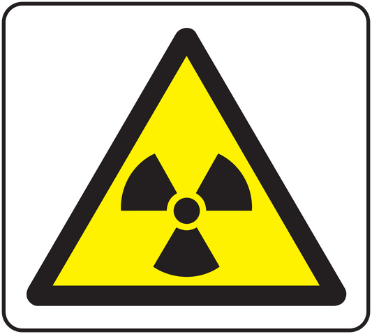 Radioactive warning sticker with yellow triangle and black trefoil symbol