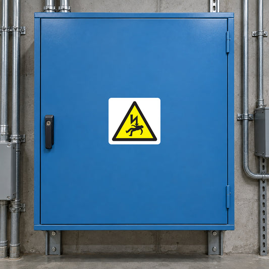 Electrical hazard warning sticker, yellow triangle with lightning icon