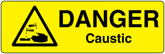 Yellow DANGER Caustic warning sticker with hazard triangle symbol.