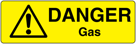 Yellow warning gas sticker with black triangle exclamation and the words DANGER Gas