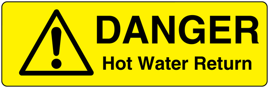 Yellow warning sticker with black DANGER triangle and Hot Water Return text