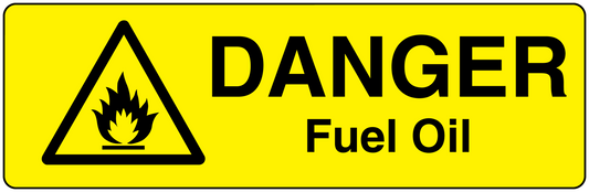 Yellow Danger Fuel Oil hazard sticker with black triangle and DANGER Fuel Oil text