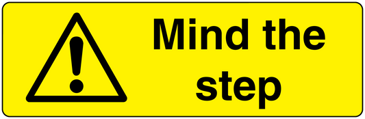 Bright yellow warning sticker with black triangle exclamation and text 'Mind the step'