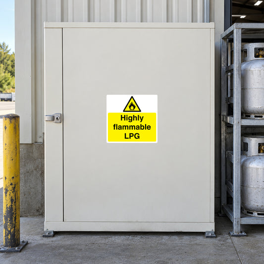 Highly flammable LPG warning sticker with yellow hazard triangle on metal door