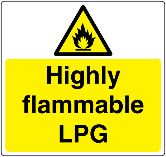 Highly flammable LPG danger sticker with yellow flame warning triangle and text