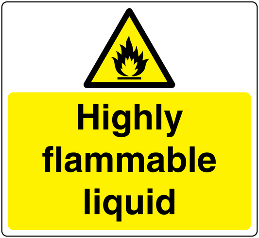 Highly flammable liquid hazard sticker with yellow triangle and flame icon