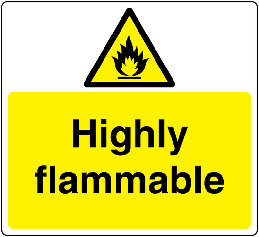 Highly flammable warning sticker with flame triangle and yellow text