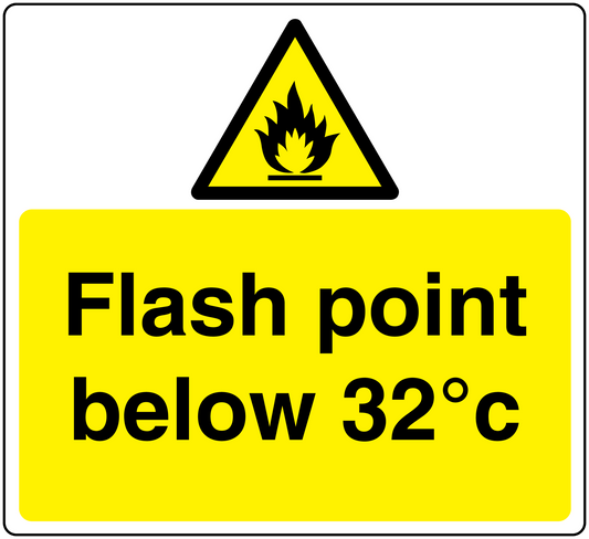 Danger flash point below 32°C sticker with flame hazard triangle and yellow text block