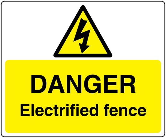 Danger warning sticker with yellow triangle lightning and 'DANGER Electrified fence' text