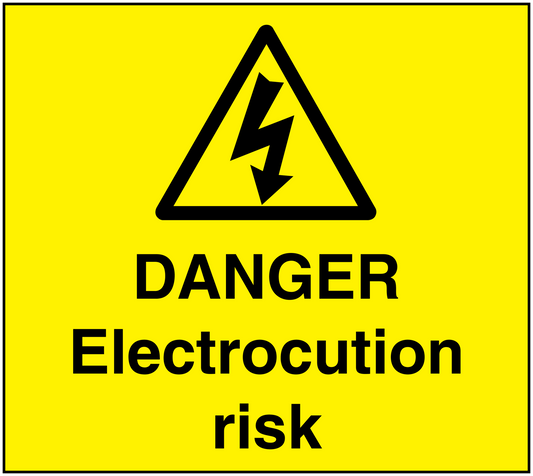 Danger electrocution risk sticker: yellow label with black warning triangle and text
