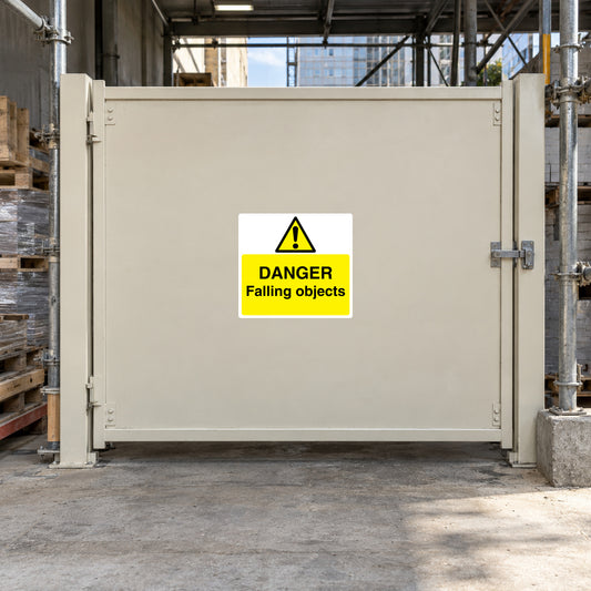 Danger falling objects warning sticker with yellow triangle and bold DANGER text