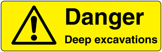 Yellow rectangle danger sticker with warning triangle and text: Danger, Deep excavations