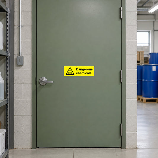 Rectangle warning sticker: 'Dangerous chemicals' with hazard triangle