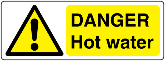 Danger hot water rectangular warning sticker with yellow background, triangle symbol, and bold text