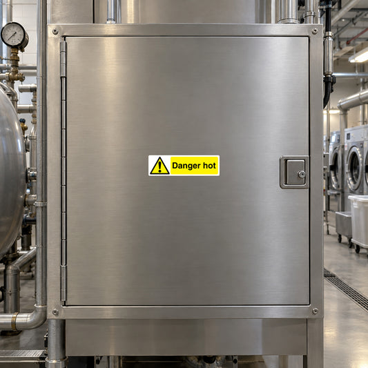 Danger hot warning sticker on stainless steel equipment panel