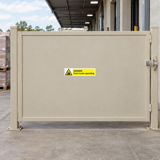 Danger fork truck operating warning sticker, small yellow caution label on beige panel