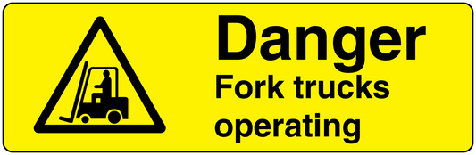 Yellow danger warning sticker with black triangle forklift icon and Danger Fork trucks operating text