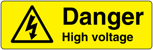 High-voltage warning sticker: yellow with black hazard triangle and 'Danger High voltage'.