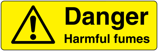 Yellow warning sticker with black hazard triangle and text “Danger” and “Harmful fumes”